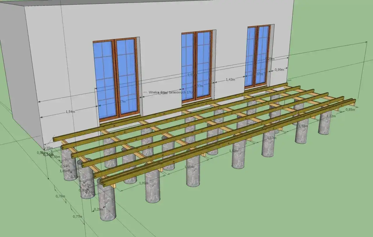 Projekt tarasu z widocznymi legarami i słupkami fundamentowymi. Wymiary legarów pod taras są zaznaczone na rysunku.