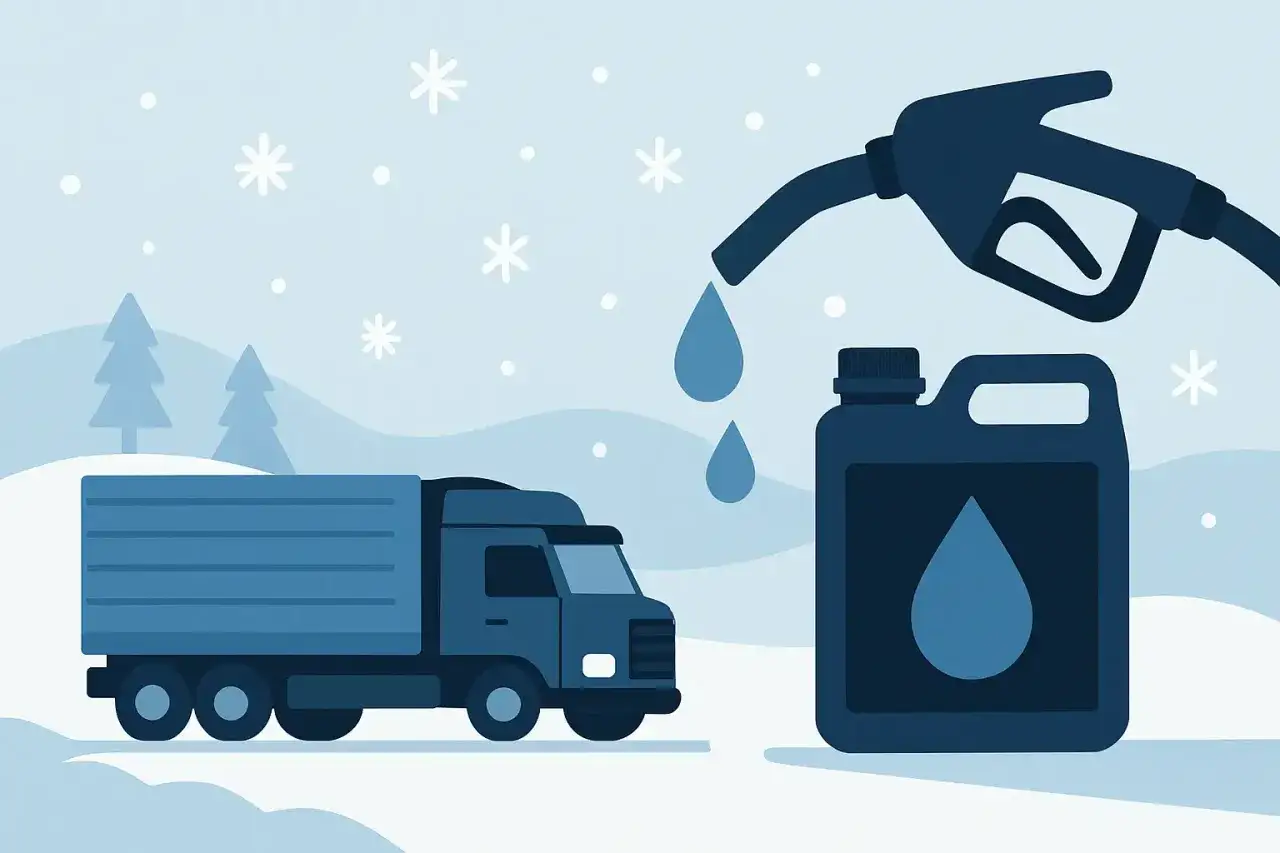 En lastbil i snölandskap. En bensinpump fyller en dunk. Kanske en dieselbil startar inte kallt?