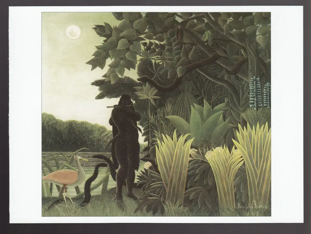 The snake charmer (Rousseau) plays a flute in a lush jungle at night, with a pink bird and a coiled snake by the water.