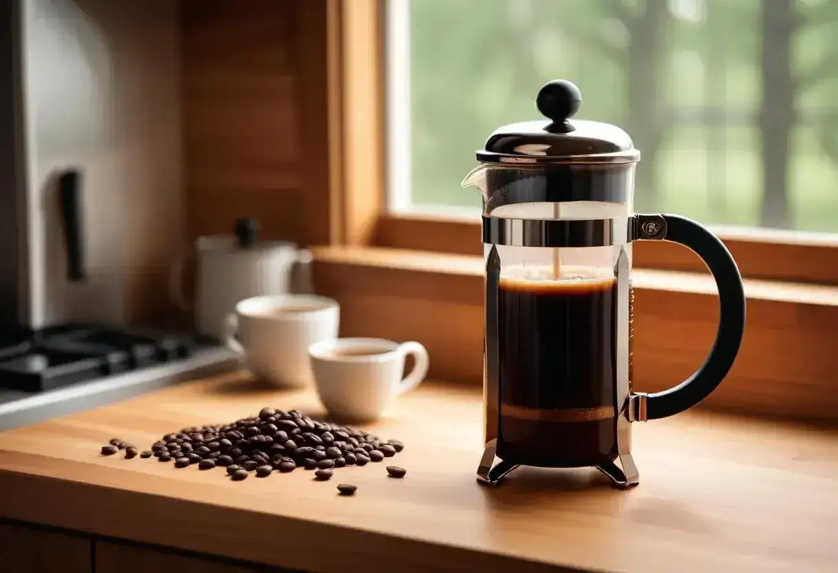 En kaffepress fylld med mörkt kaffe står på en träbänk, bredvid en hög med bönor och två koppar. Perfekt för en lugn morgon.