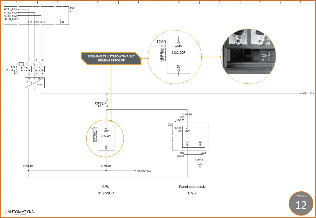 Schemat budowy sterownika PLC Siemens 313C-2DP, pokazujący zasilanie CPU i połączenia z panelem operatorskim TP700.