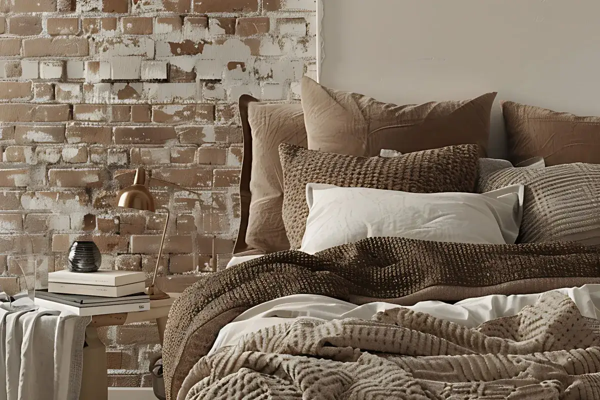 Przytulna sypialnia boho loft z ceglaną ścianą, miękkimi tekstyliami i złotą lampką.