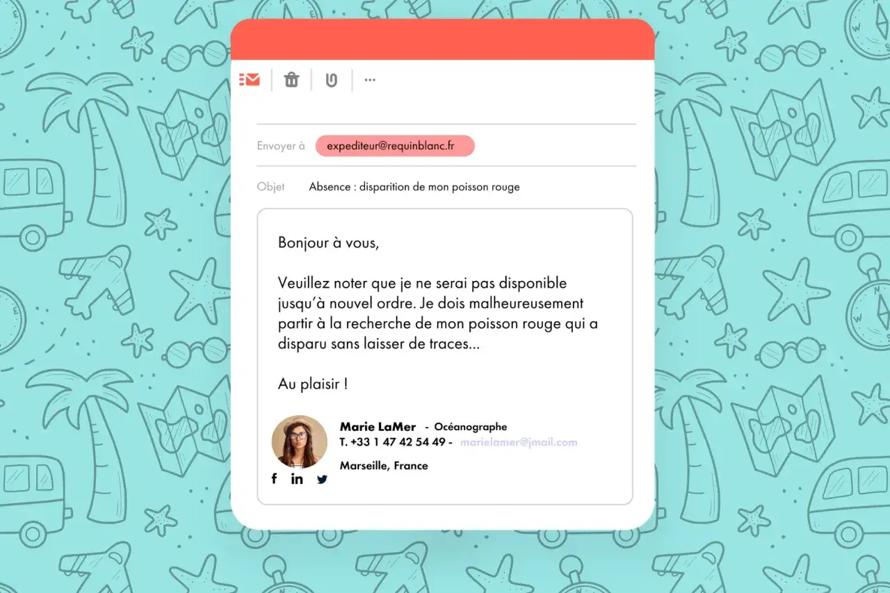Messagerie professionnelle : une oc&eacute;anographe en cong&eacute; pour retrouver son poisson rouge disparu. Elle est indisponible jusqu'&agrave; nouvel ordre.