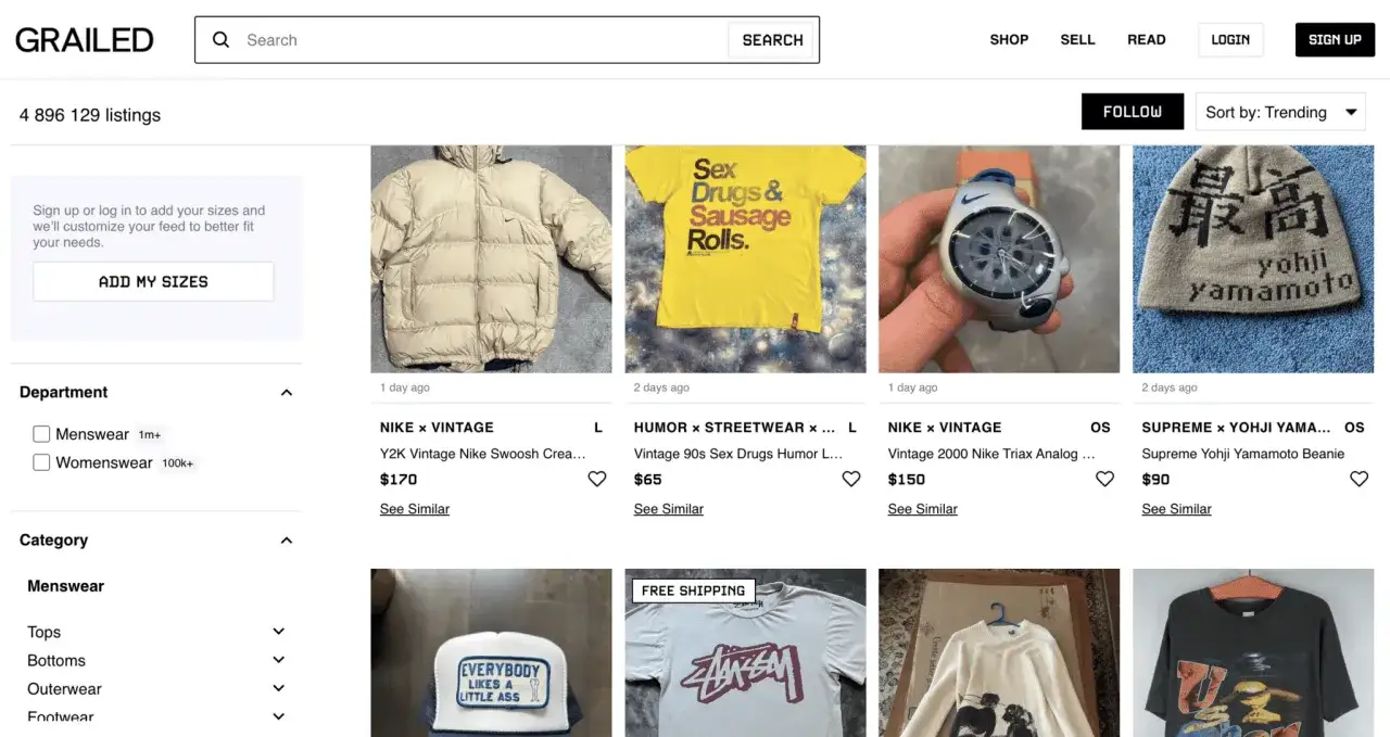 Szukasz sposobów, jak zwiększyć sprzedaż na Vinted? Na Grailed znajdziesz inspiracje: puchowa kurtka Nike, koszulka z zabawnym nadrukiem, zegarek i czapka.