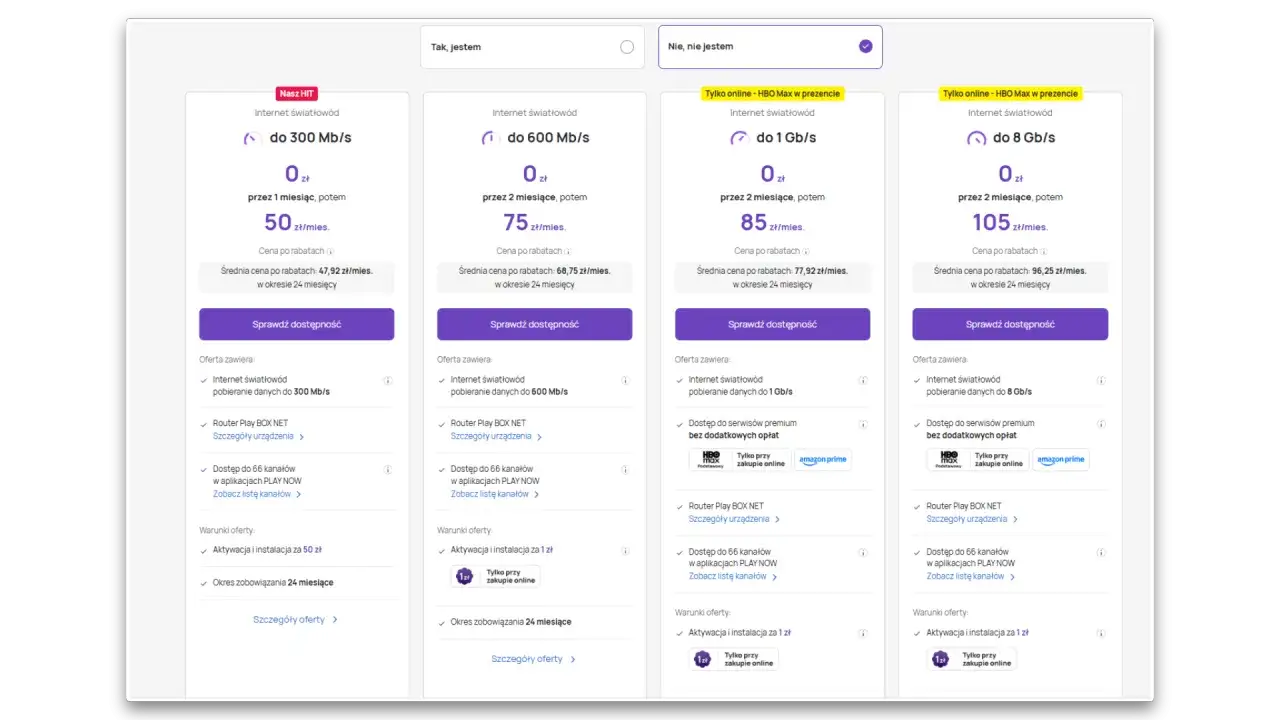 Oferty internetu światłowodowego Play: od 300 Mb/s do 8 Gb/s, z promocjami na start. Sprawdź, czy darmowy internet Play jest dostępny dla Ciebie!