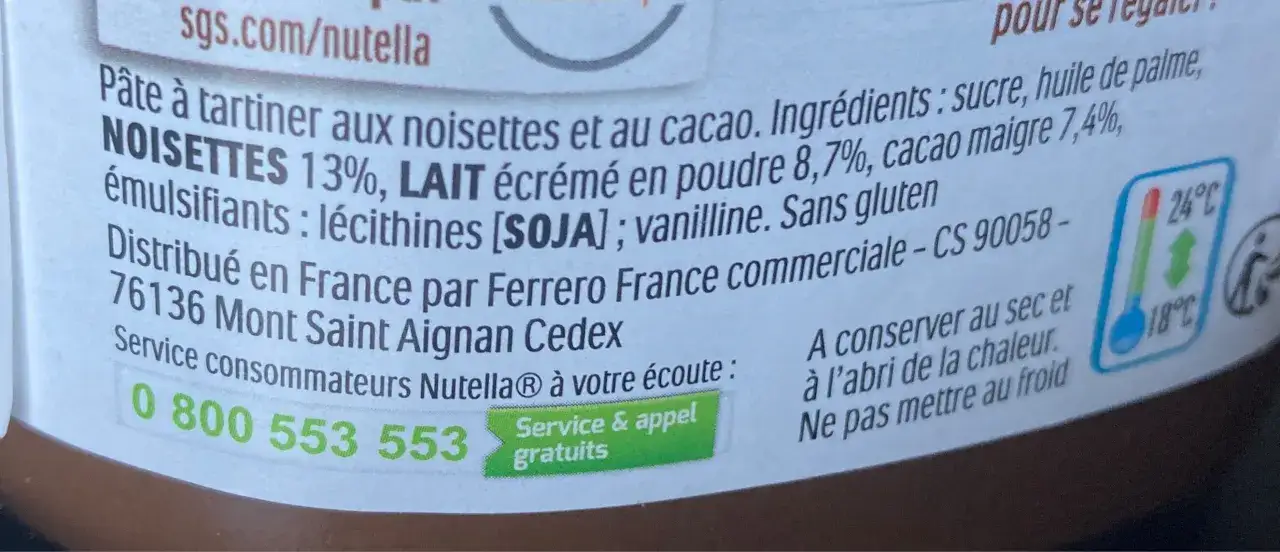 Ingrédients Nutella : noisettes, lait, cacao. Attention à l'allergie au soja, mentionné dans les émulsifiants.