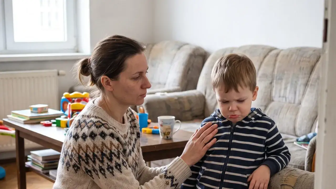 Mama uspokaja płaczącego dwulatka. Widać typowe objawy buntu dwulatka: złość i smutek na twarzy dziecka.