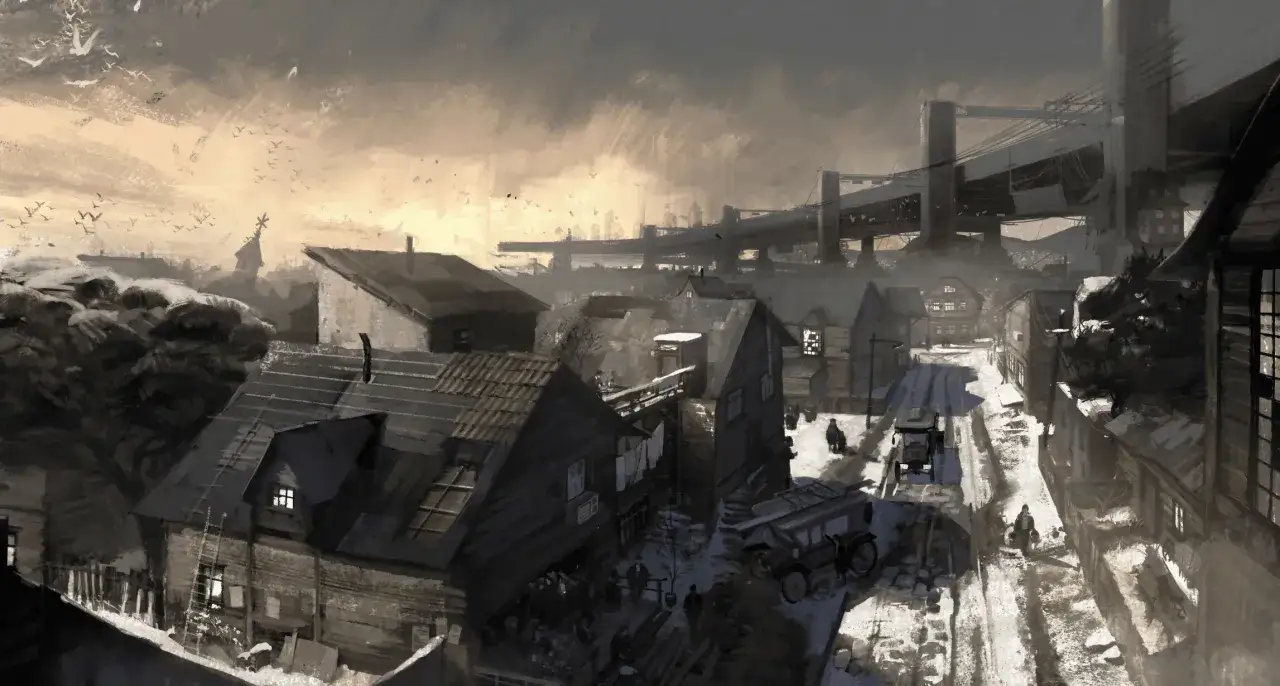 Mroczne miasto, jak z Disco Elysium 2, z mostem w tle i ptakami na niebie.