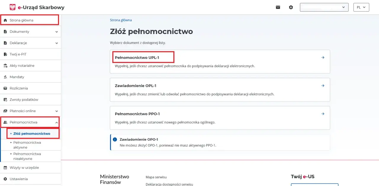 Strona e-Urzędu Skarbowego, sekcja 