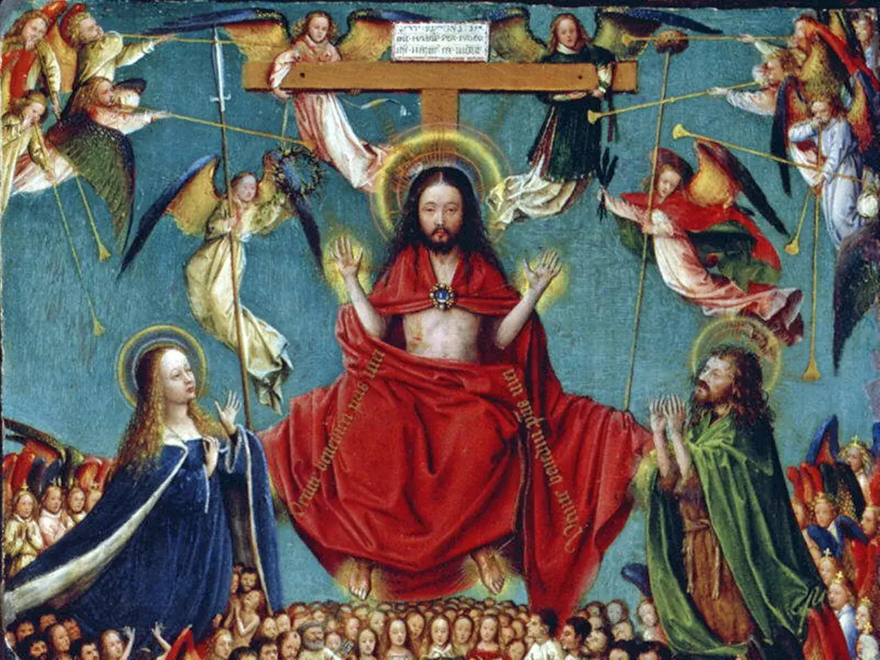 Kunstwerke von Jan van Eyck: Christus am Kreuz, umgeben von Engeln, Maria und Johannes. Eine detailreiche Darstellung des J&uuml;ngsten Gerichts.