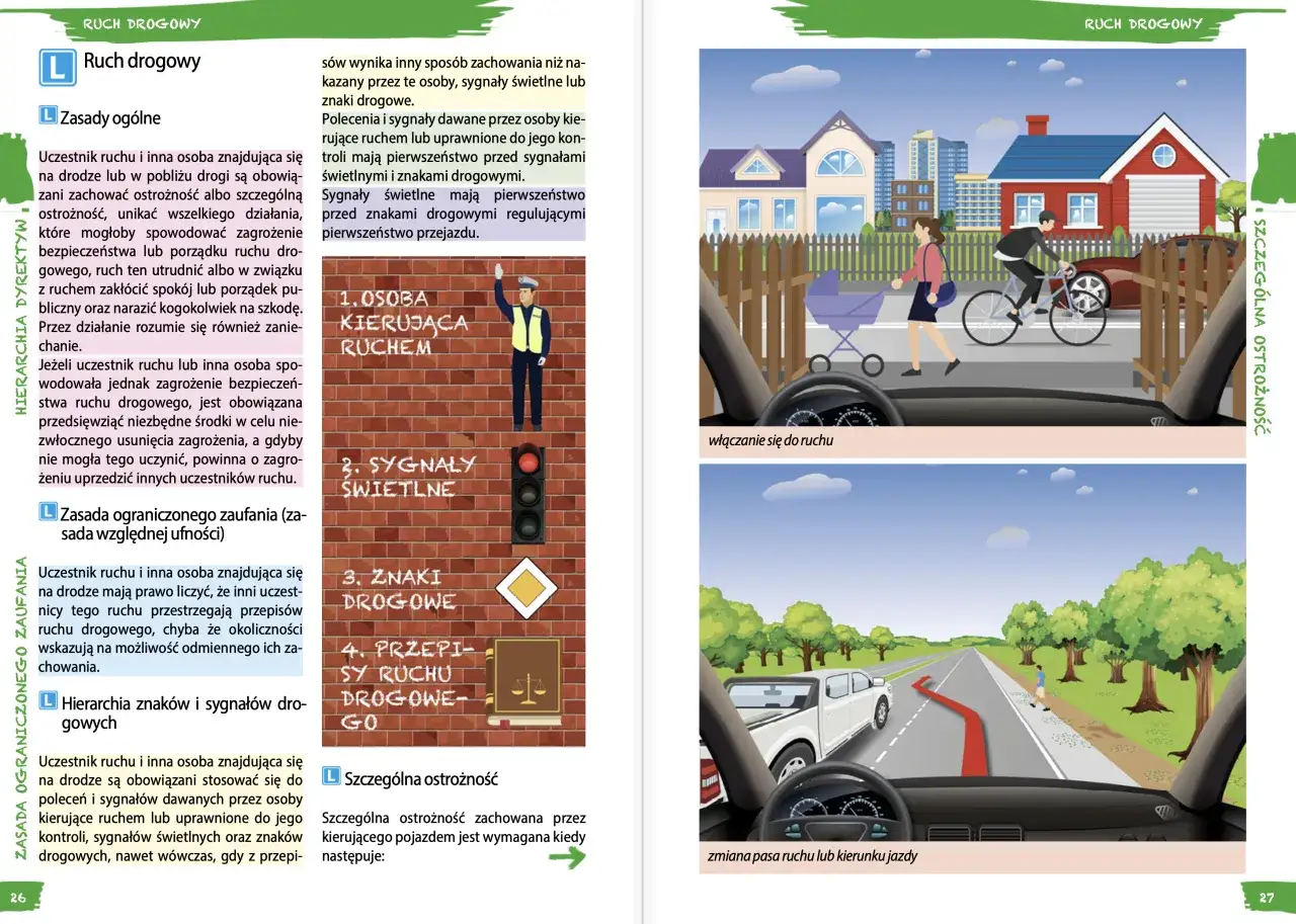 Na stronie podręcznika do prawa jazdy, obok tekstu o zasadach ruchu drogowego, znajduje się ilustracja przedstawiająca skrzyżowanie z sygnalizacją świetlną i znakami drogowymi.