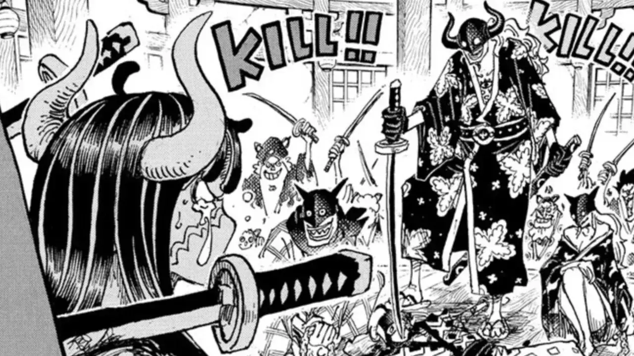 Kampfszene aus One Piece: Ein Mann mit H&ouml;rnern und Blumenmuster-Kimono steht mit gezogenem Schwert. Wann geht One Piece weiter?