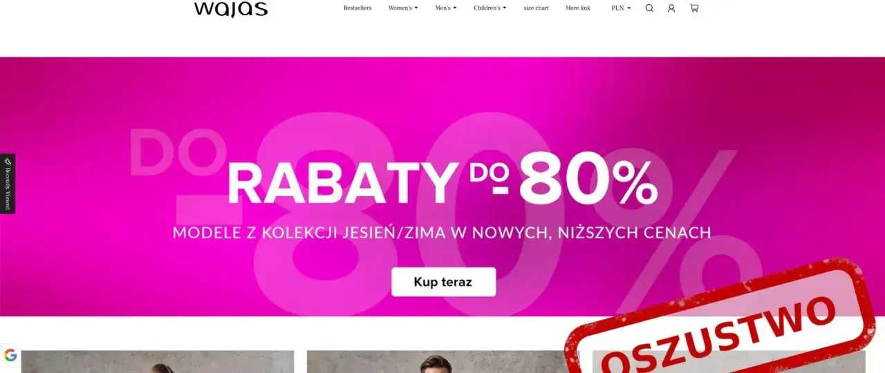 Ostrzeżenie przed fałszywymi sklepami internetowymi. Strona reklamuje rabaty do 80%, ale czerwony stempel 
