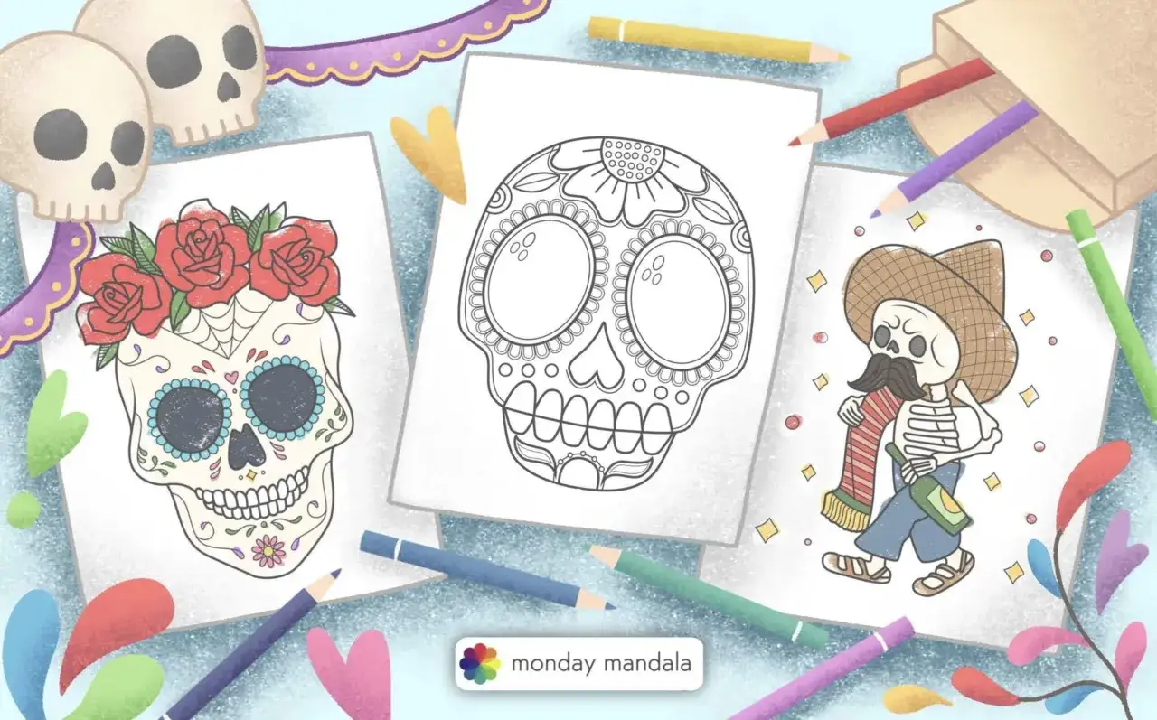 Disegni di teschio da colorare e stampare, con matite colorate pronte per dare vita a questi scheletri festosi.