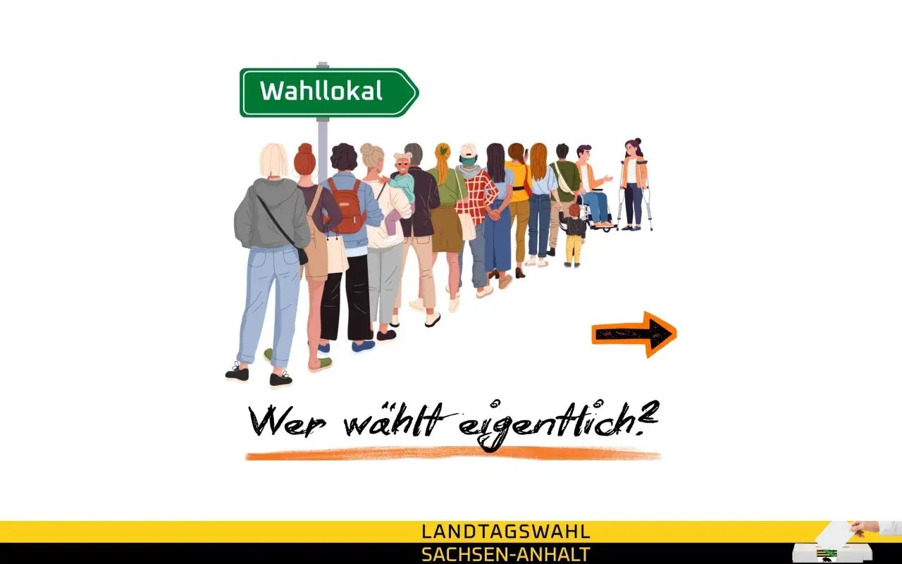 Menschen stehen Schlange vor einem Wahlb&uuml;ro. Die Frage 