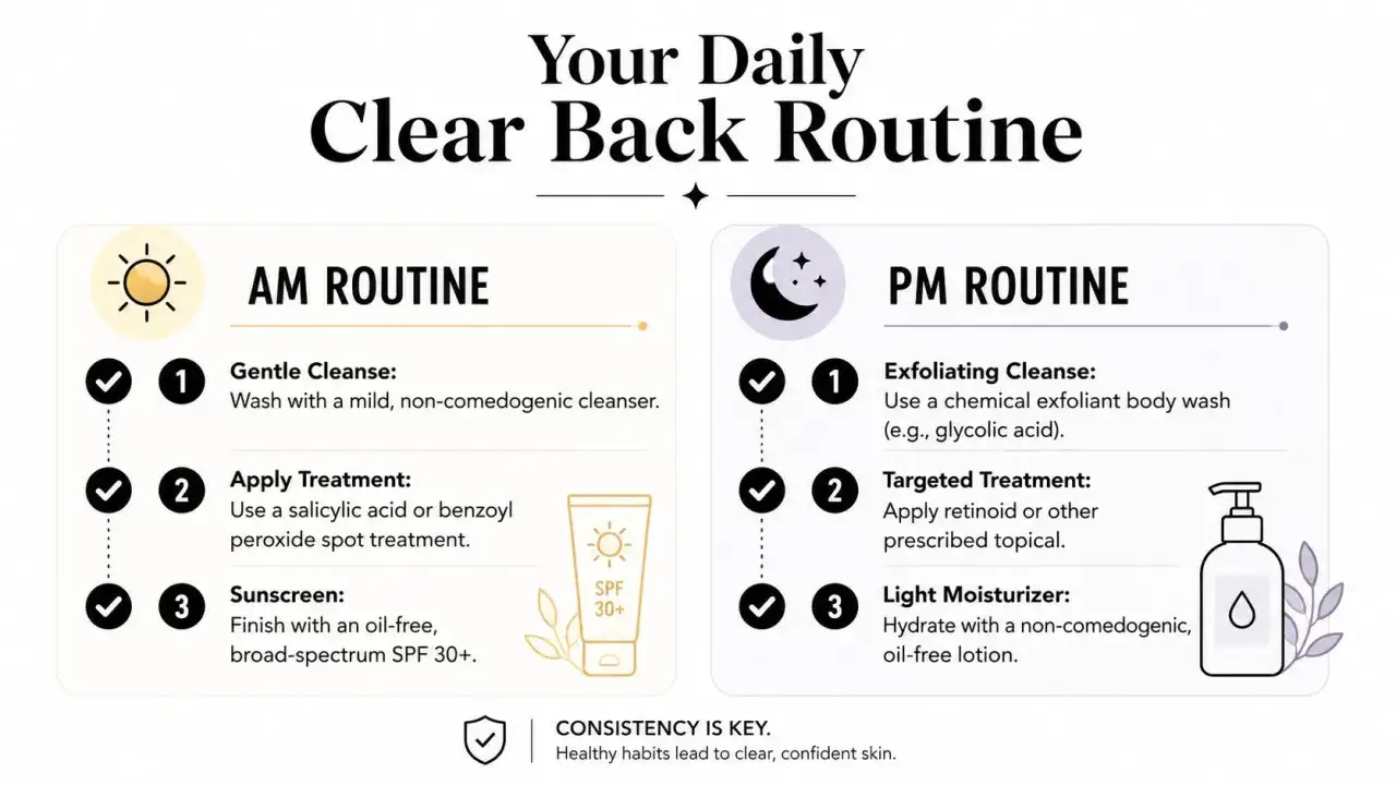 Routine matinale et vespérale pour une peau nette, incluant des étapes pour traiter l'acné du dos : nettoyage, traitement ciblé et hydratation.
