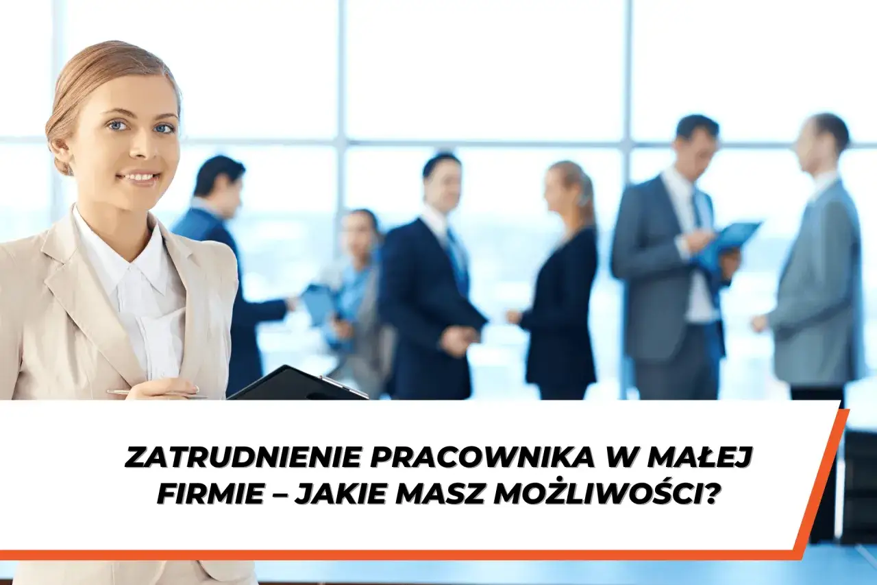 Kobieta w garniturze z dokumentami, w tle biznesmeni. Czy JDG może zatrudniać?
