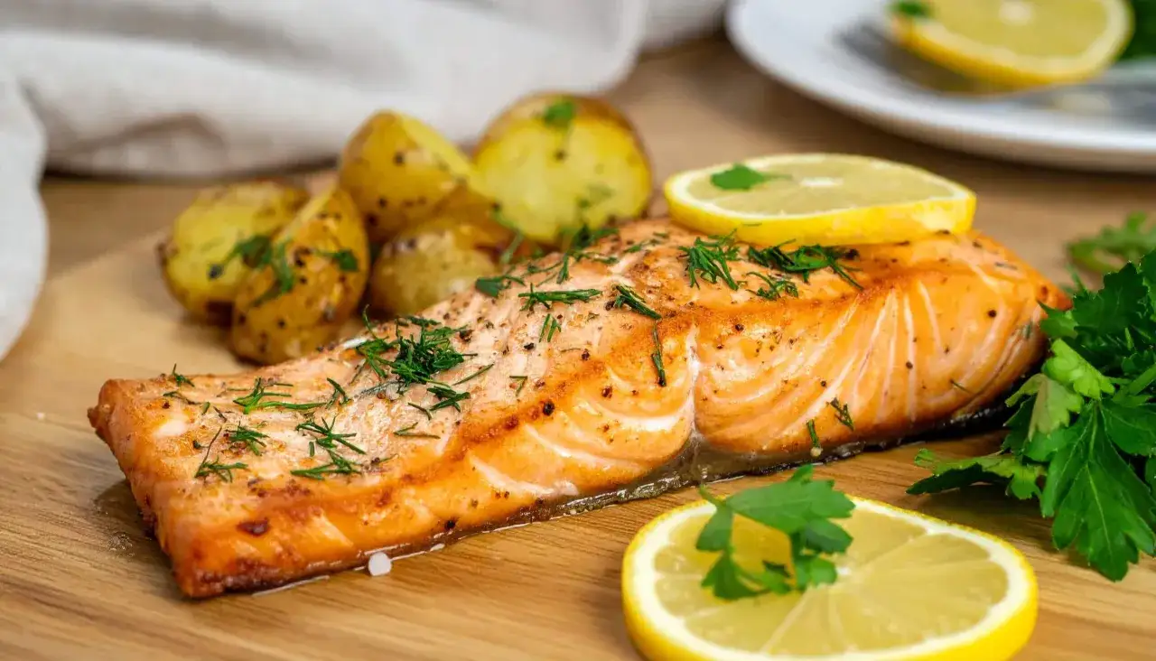 Soczysty łosoś z airfryer, podany z pieczonymi ziemniaczkami i cytryną. Idealny obiad w kilka minut.