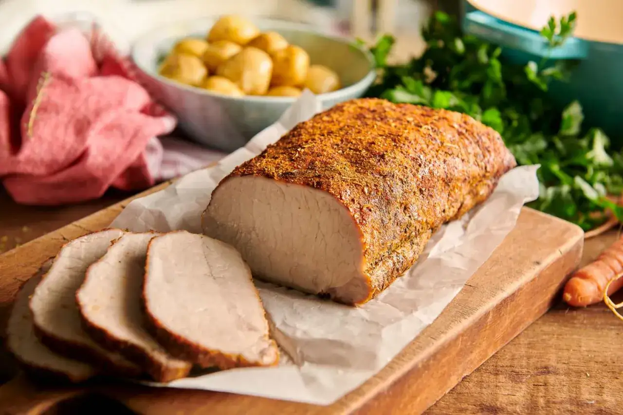 Pieczony schab w przyprawach, pokrojony w plastry, z ziemniaczkami i natką. To schabowy inaczej, pyszny i aromatyczny.