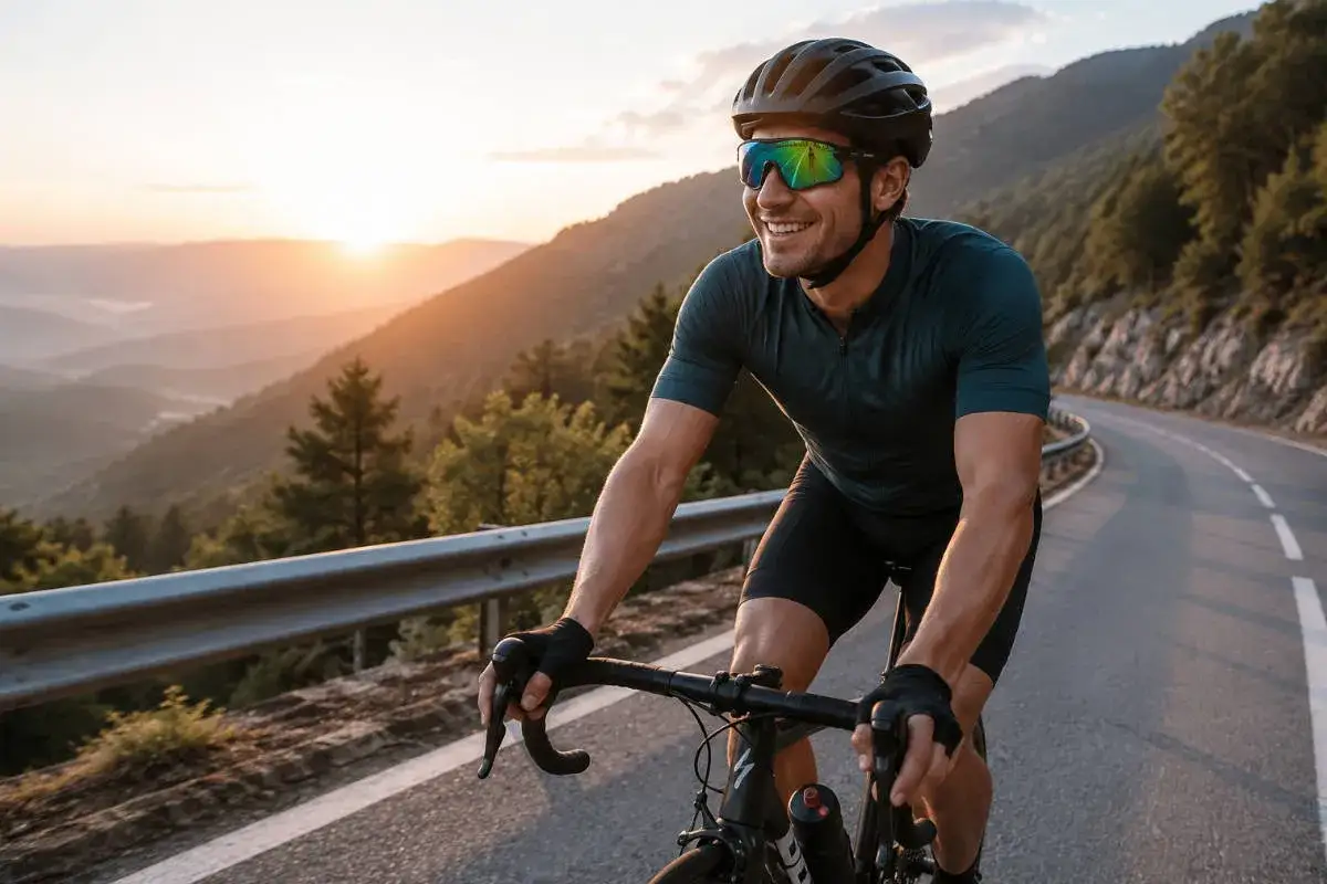Ciclista sonríe al amanecer en la montaña, disfrutando de su pasión por la bicicleta.