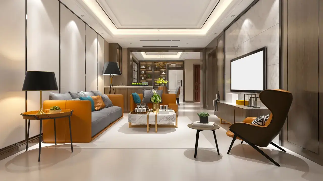 Un salon moderne avec un canap&eacute; orange, un sol en r&eacute;sine brillant et une cuisine ouverte.