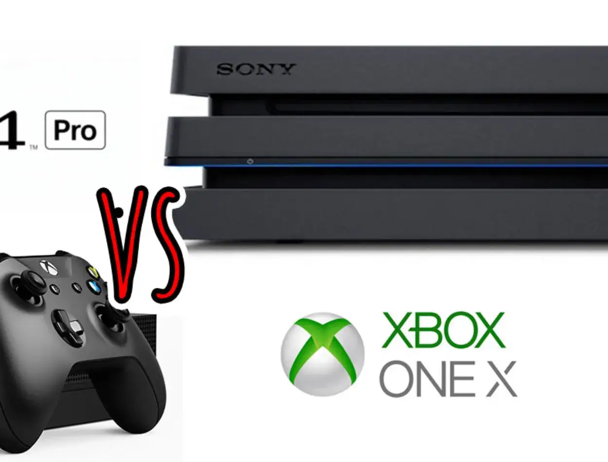 Porównanie: co lepsze Xbox czy PlayStation? Widoczny kontroler Xbox One X i konsola PlayStation 4 Pro.