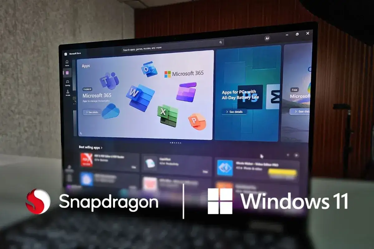 Laptop z Windows 11 na procesorze Snapdragon, prezentujący Microsoft Store z aplikacjami.