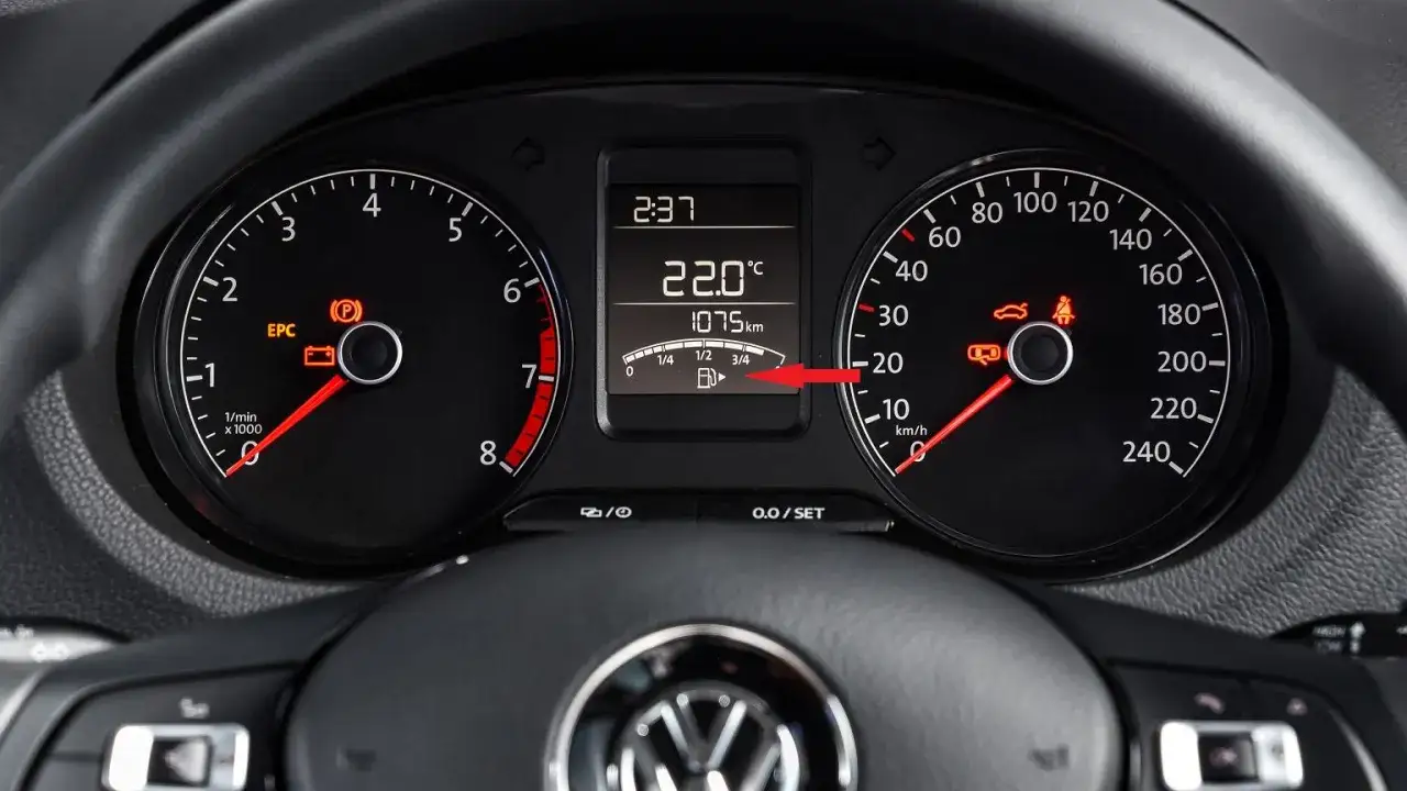 Deska rozdzielcza VW Polo 1.2 benzyna: kontrolki EPC, hamulca ręcznego, niskiego poziomu paliwa, temperatura 22°C, przebieg 1075 km.
