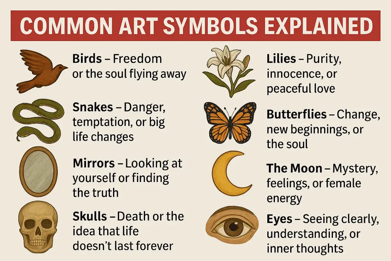 A visual guide to common art symbols, including birds, snakes, mirrors, skulls, lilies, butterflies, the moon, and eyes, often used in symbolist art to convey deeper meanings.