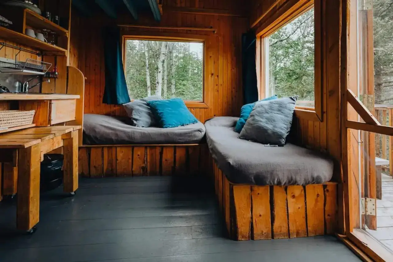 Intérieur d'une cabane arbre rustique avec banquettes confortables et vue sur la forêt.