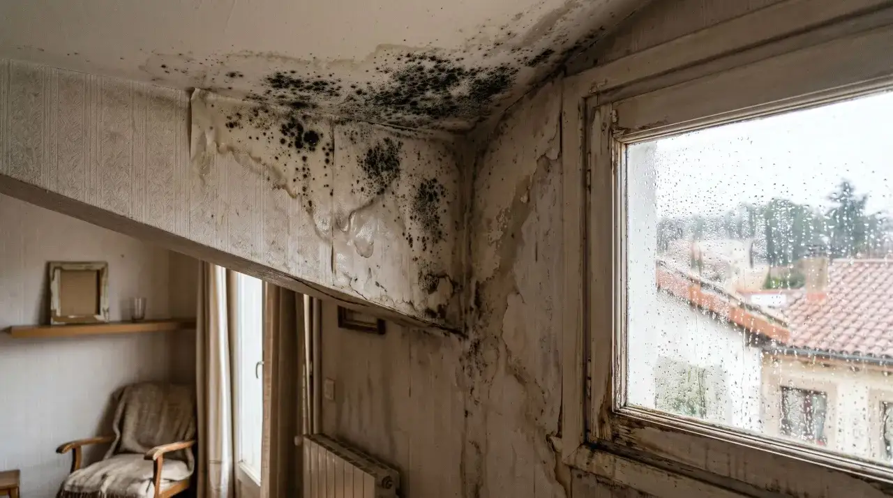 Esquina de habitación con moho negro y papel pintado desprendido. Un deshumidificador para que sirve: combatir la humedad y prevenir estos daños.