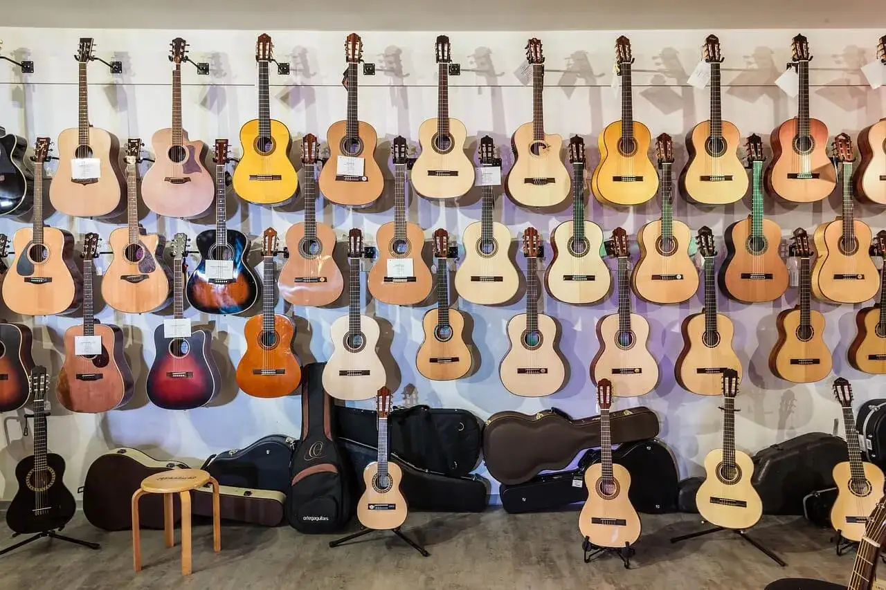 różne typy gitar: klasyczna, akustyczna, elektryczna