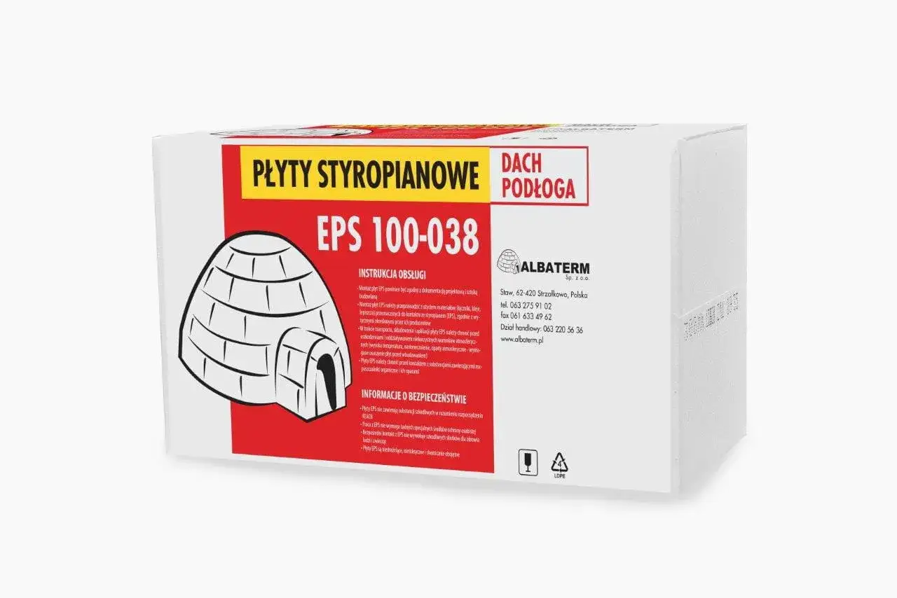Płyty styropianowe EPS 100-038 do dachu i podłogi. EPS 100-038 to oznaczenie klasy wytrzymałości płyt.