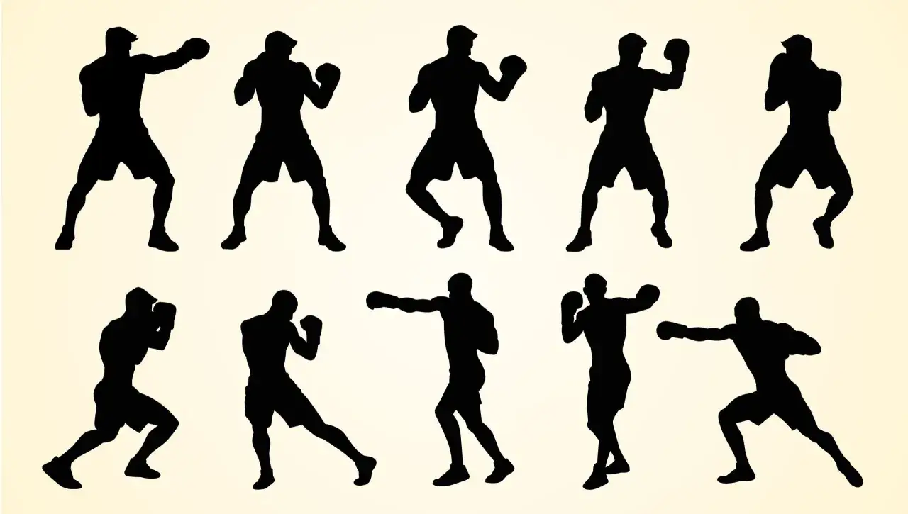 Silhouettes of boxers in various stances, demonstrating how to punch faster with dynamic movements.