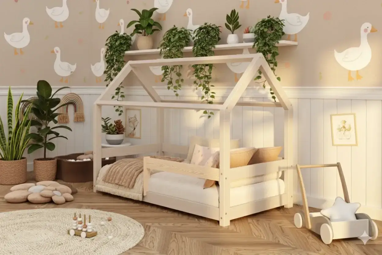 Une chambre de b&eacute;b&eacute; paisible avec un lit en forme de maison, des plantes vertes et un papier peint &agrave; motifs d'oies.