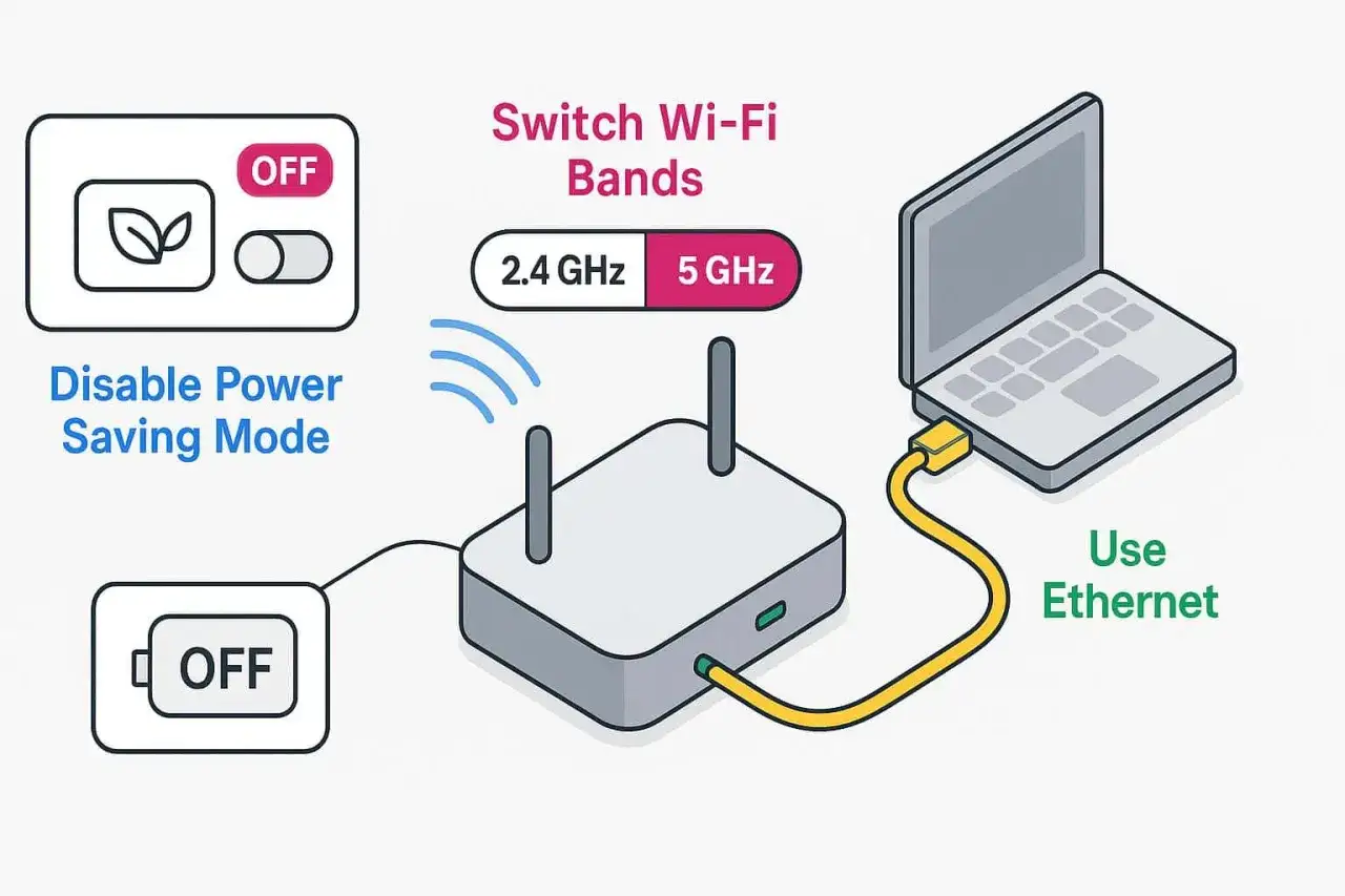 Jak naprawić internet w komputerze: wyłącz tryb oszczędzania energii, przełącz pasmo Wi-Fi (2.4 GHz/5 GHz) lub użyj kabla Ethernet.