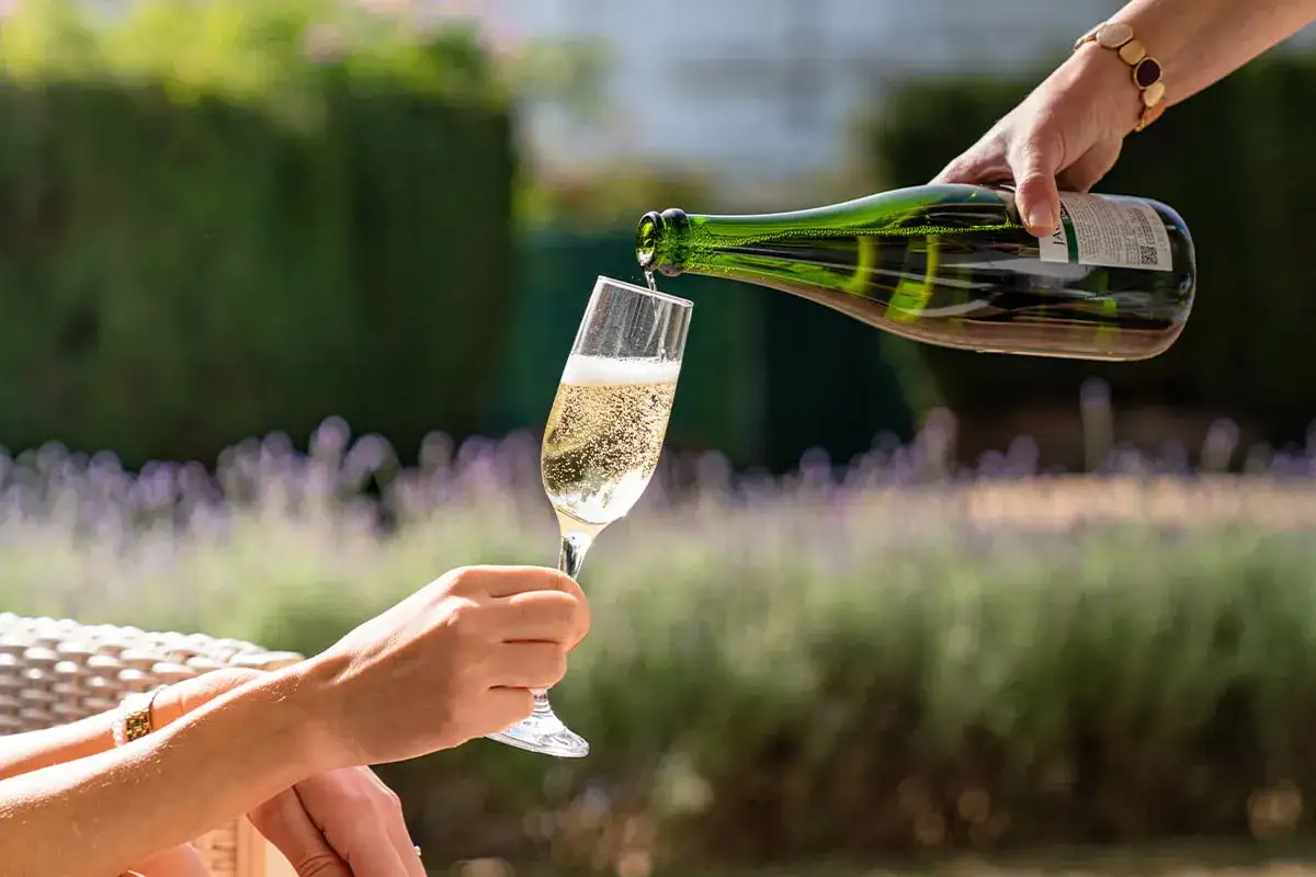 Kto pyta cava co to? To musujące wino, które właśnie nalewane jest do kieliszka na słonecznym tarasie.