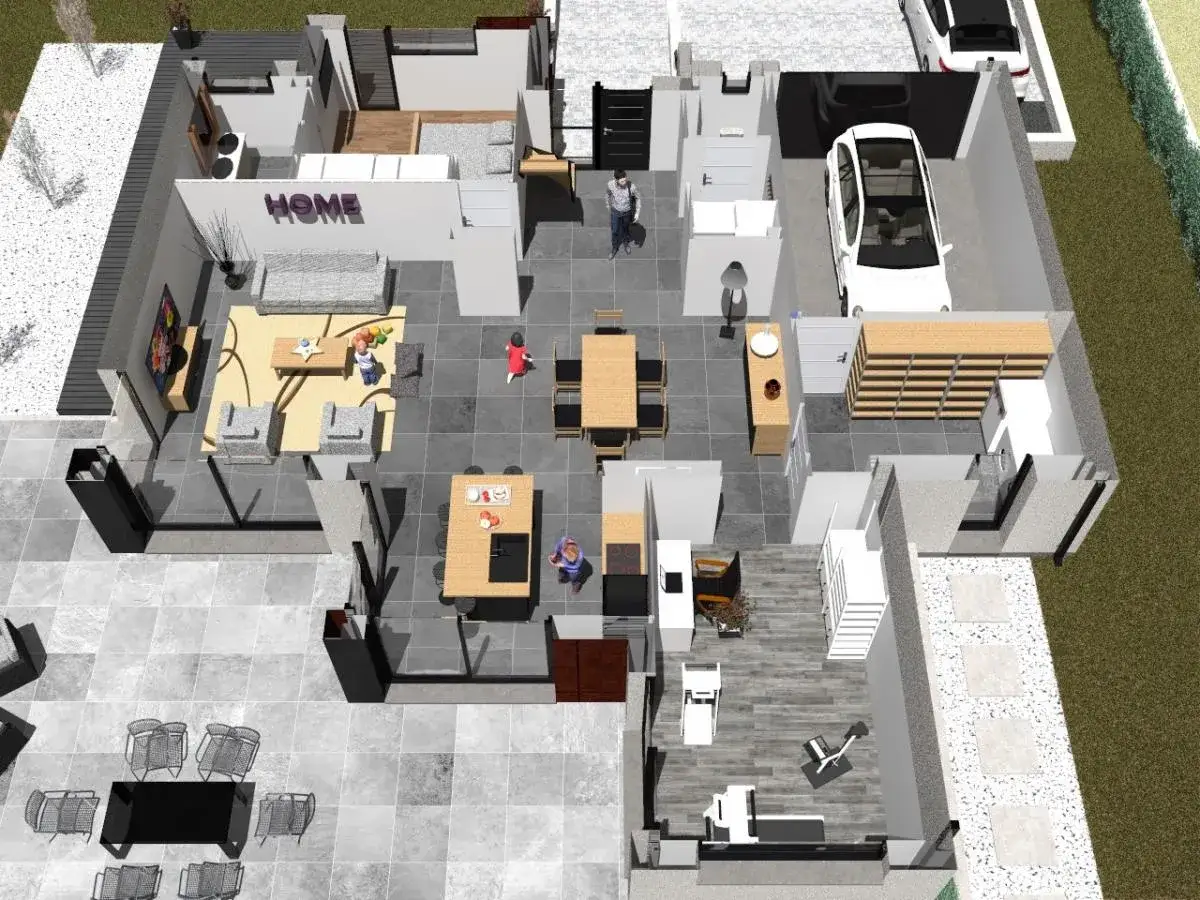 Vue aérienne d'une **plan maison 5 chambres** moderne avec garage, salon, cuisine, salle à manger et terrasse.
