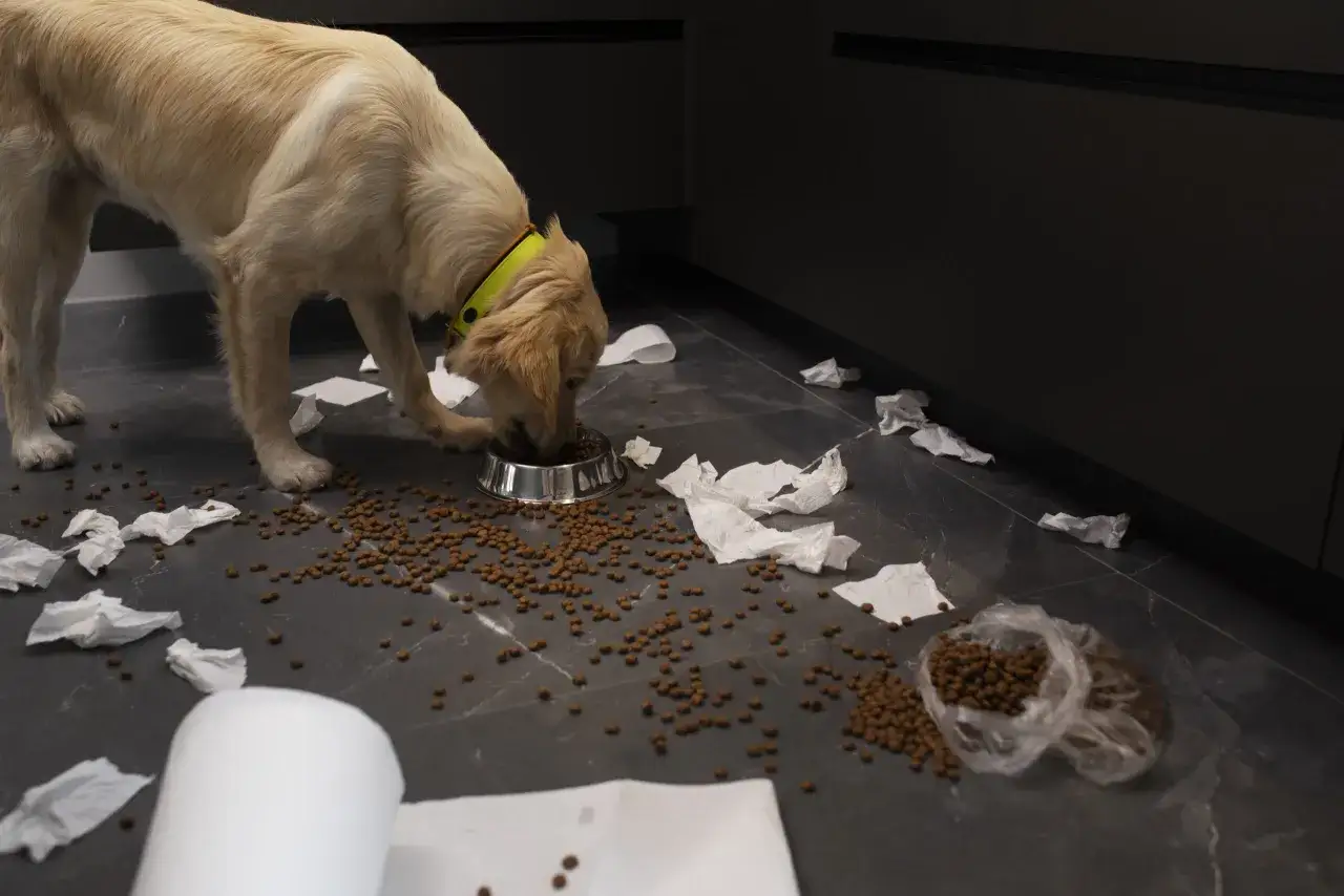 Mon chien fait des caprices pour manger, il a renvers&eacute; ses croquettes et du papier toilette partout dans la cuisine.