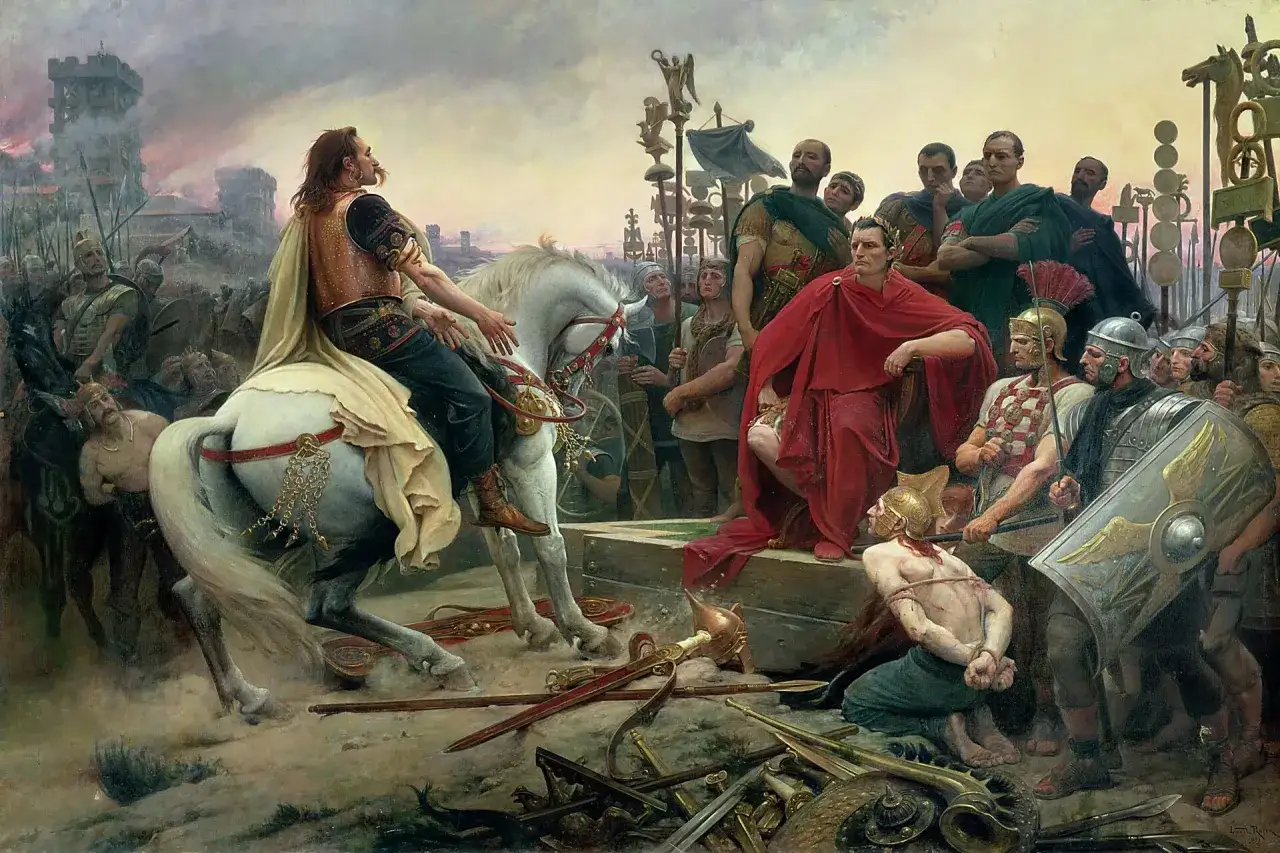 Wódz Galów na białym koniu przed rzymskim dowódcą. W tle płonące budowle, symbolizujące upadek starożytny rzym.
