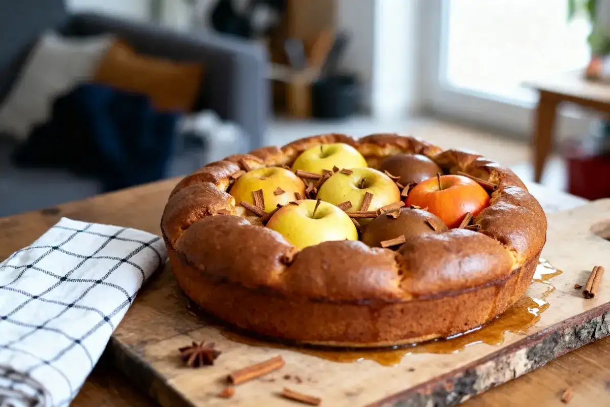Une d&eacute;licieuse flognarde aux pommes, dor&eacute;e et garnie de fruits frais, sur une planche en bois.