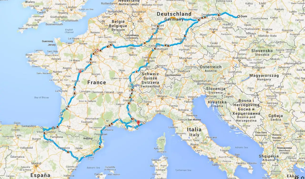 Trasa z Nicei do Marsylii przez Francję, Włochy i Szwajcarię.