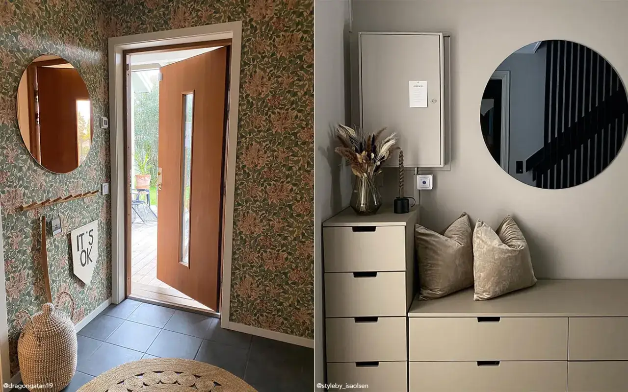 Tr&aring;ng hall inspiration med blommig tapet, rund spegel och korg. P&aring; andra sidan syns en hallm&ouml;bel med kuddar och en rund spegel.