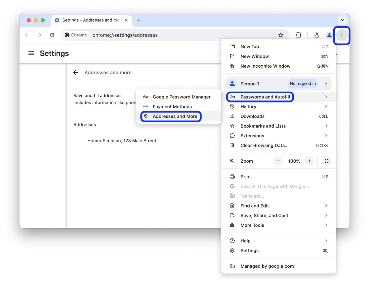 Menu Chrome z opcją 