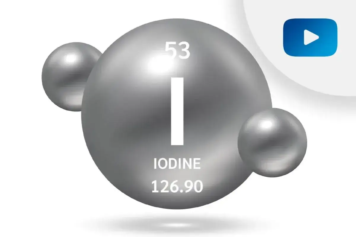 Atom pierwiastka jod, symbol I, liczba atomowa 53. Obok przycisk odtwarzania.