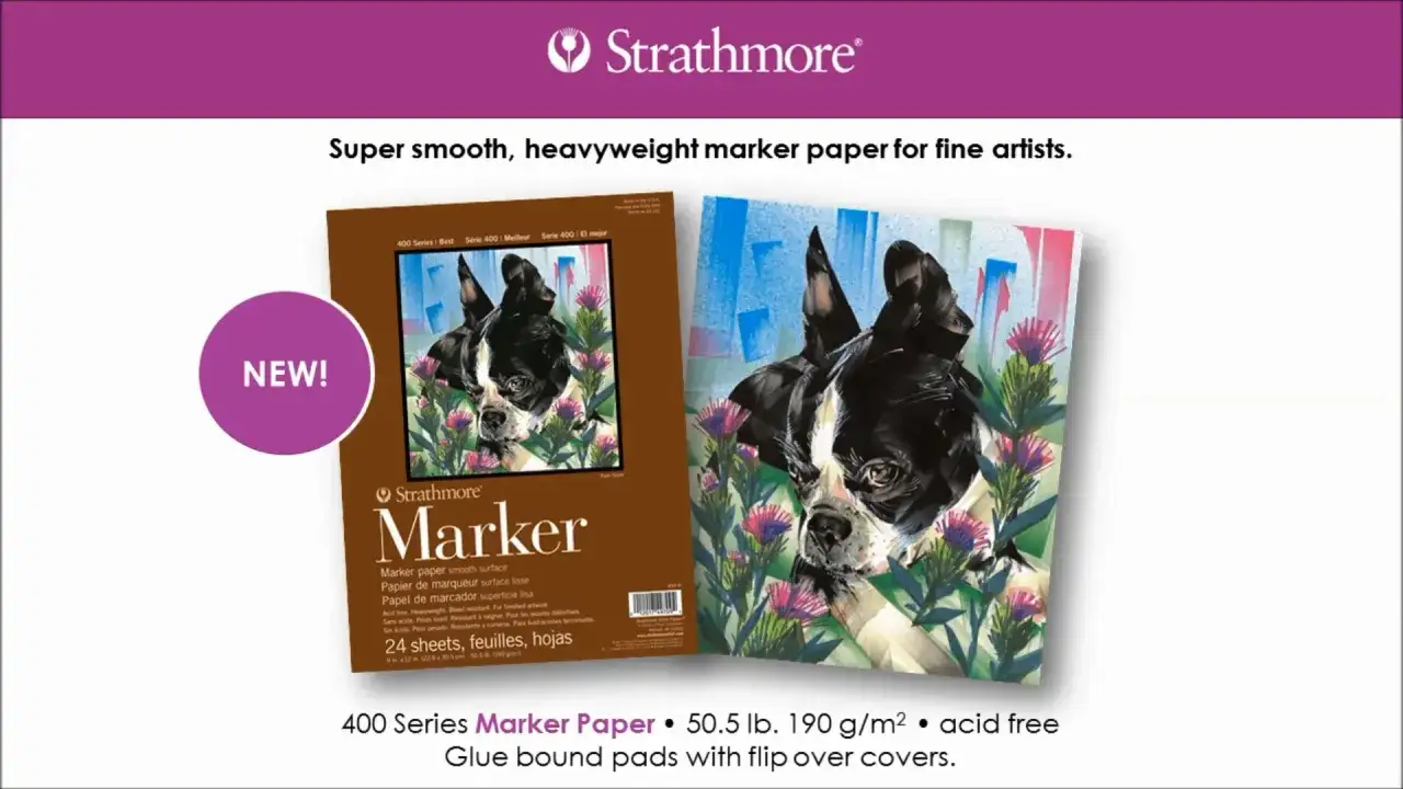 Strathmore Marker Paper, perfekt för att måla med tuschpennor. Bilden visar en Bostonterrier med blommor.