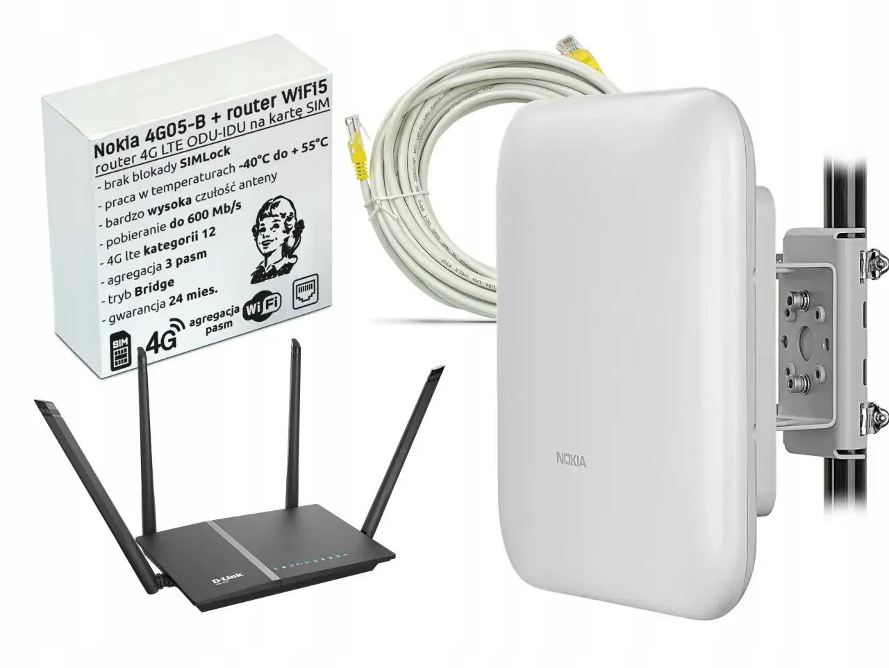 Zestaw do internetu domowego LTE bez limitu: router Nokia, antena zewnętrzna i okablowanie. Szybki internet 4G LTE.