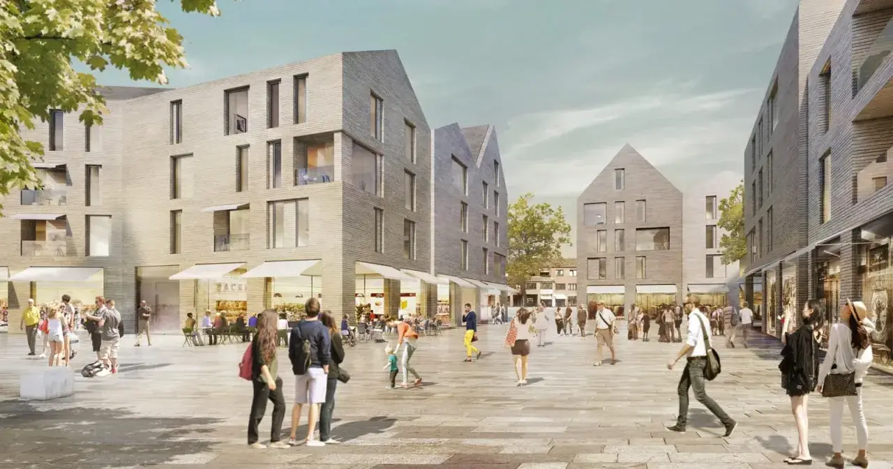 Belebter Platz mit modernen Gebäuden, Geschäften und Cafés. Menschen flanieren und genießen die Atmosphäre, die **modernity focus** widerspiegelt.