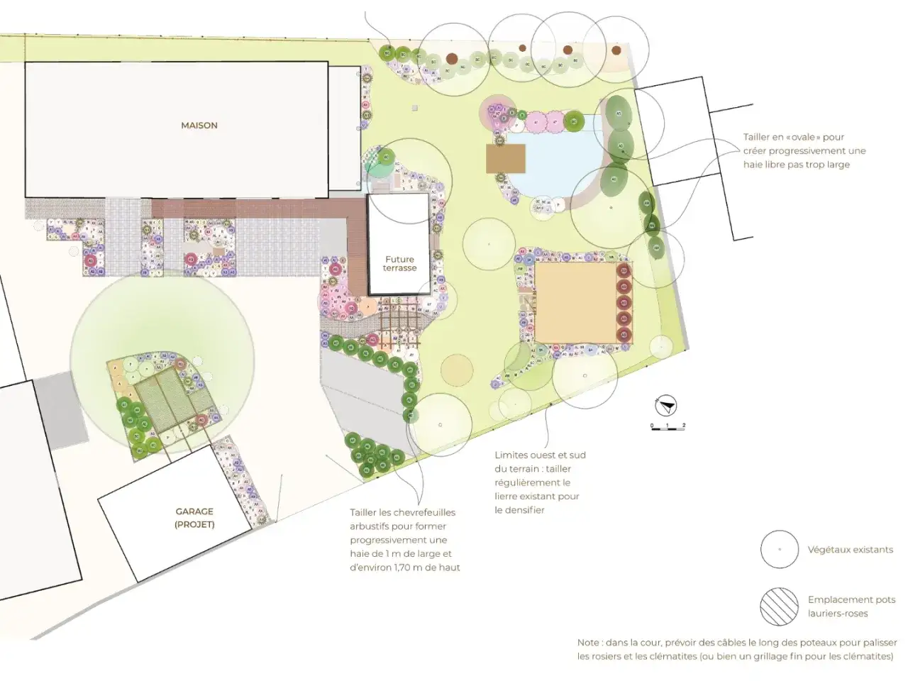 Plan d'agencement jardin avec maison, garage, terrasse, piscine et zones v&eacute;g&eacute;talis&eacute;es. Notes sur la taille des haies et la densification de la v&eacute;g&eacute;tation.