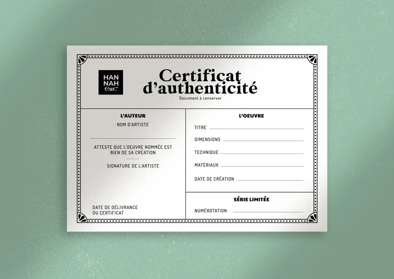 Certificat d'authenticit&eacute; tableau, attestant de la cr&eacute;ation originale d'une &oelig;uvre d'art. Il d&eacute;taille l'auteur, l'&oelig;uvre, ses caract&eacute;ristiques et sa num&eacute;rotation.